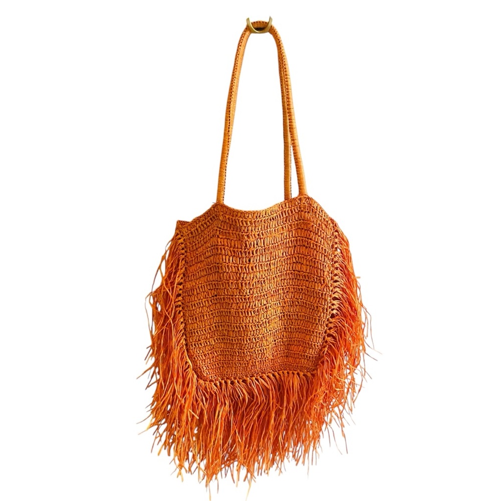 America & Beyond NWT Coachella Raffia Fringe Tote Orange - Picture 2 of 11
